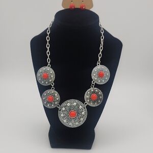 Silver and Red Statement Necklace and Earring Set